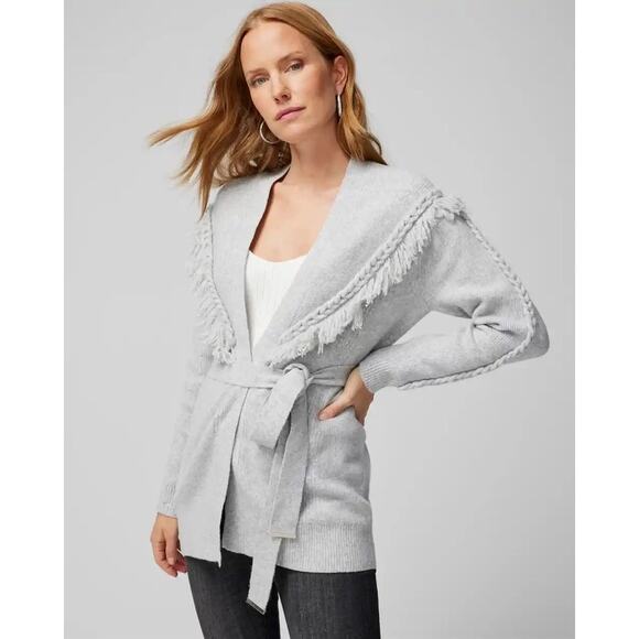 White House Black Market Sweaters - White House Black Market Fringe Belted Cardigan Sweater Gray XL NWT
